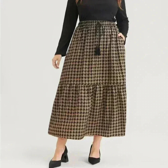 New!black&tan Houndstooth Pocket Ties Elastic Waist Skirt Womens Size 30 or 6X - Picture 2 of 7